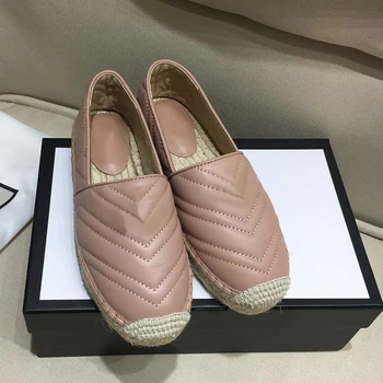 

Women fashion flat chevron-quilted leather espadrilles with signature ornament braided-jute platform Round jutecapped toe shoes
