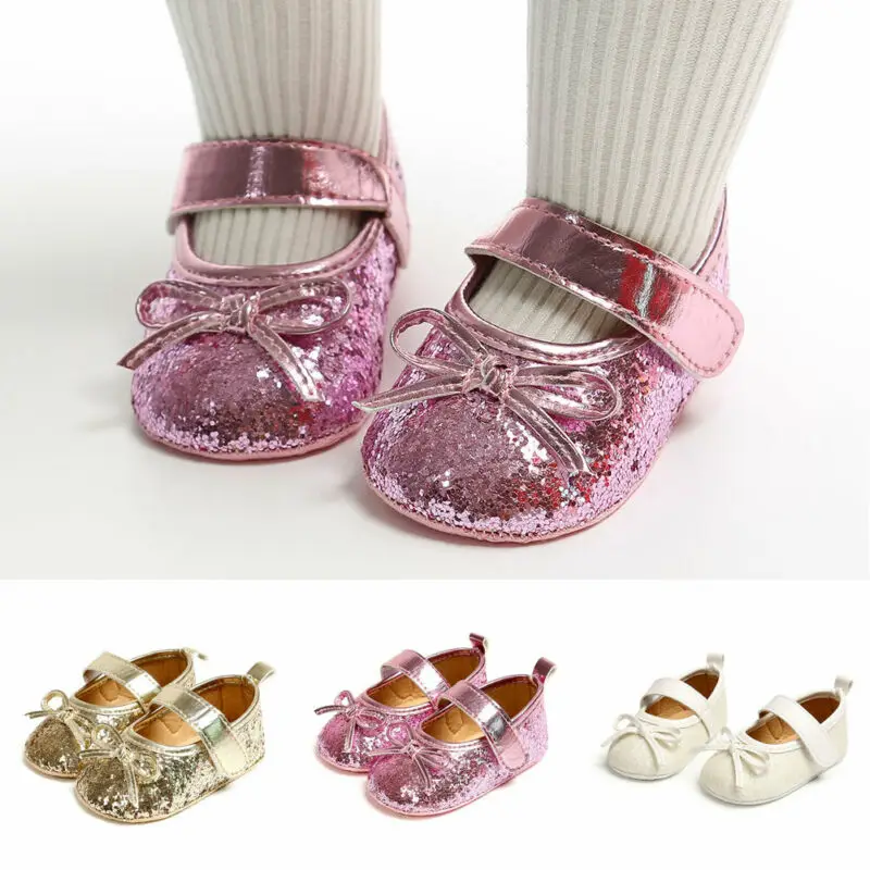 Обувь принцессы для новорожденных девочек; детская кожаная обувь с блестками и бантом; обувь для малышей 0-18 месяцев