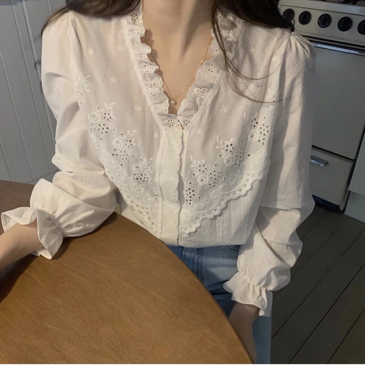 White Embossing Lace Hollow Out Shirt Solid Color V-neck Loose-fitting Puff Sleeve Chiffon Shirt Female Work Office Lady Shirt