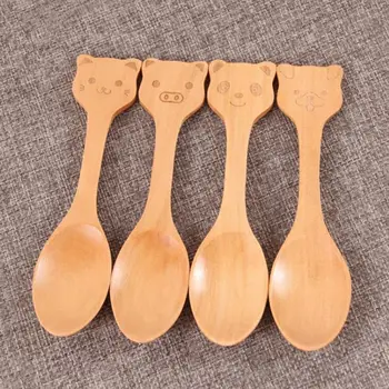 

500pcs Wooden Spoon Cartoon Cat Pig Bear Shaped Handmade Coffer Tea Mixing Tableware Cake Ice Cream Dessert Spoon