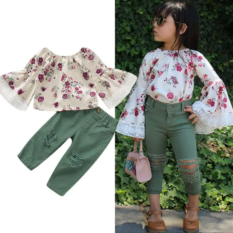 

CANIS 2PCS Infant Kids Baby Girl 2019 Autumn Lace Patchwork Flare Sleeve Floral Dress Top+Denim Pants Jeans Clothes Outfit