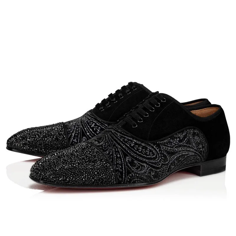 

Qianruiti New Black Handmade Rhinestone Shoes Men Diamond Printing Flower Embroider Lace Up Flat Shoes Male Fashion Loafer Shoes