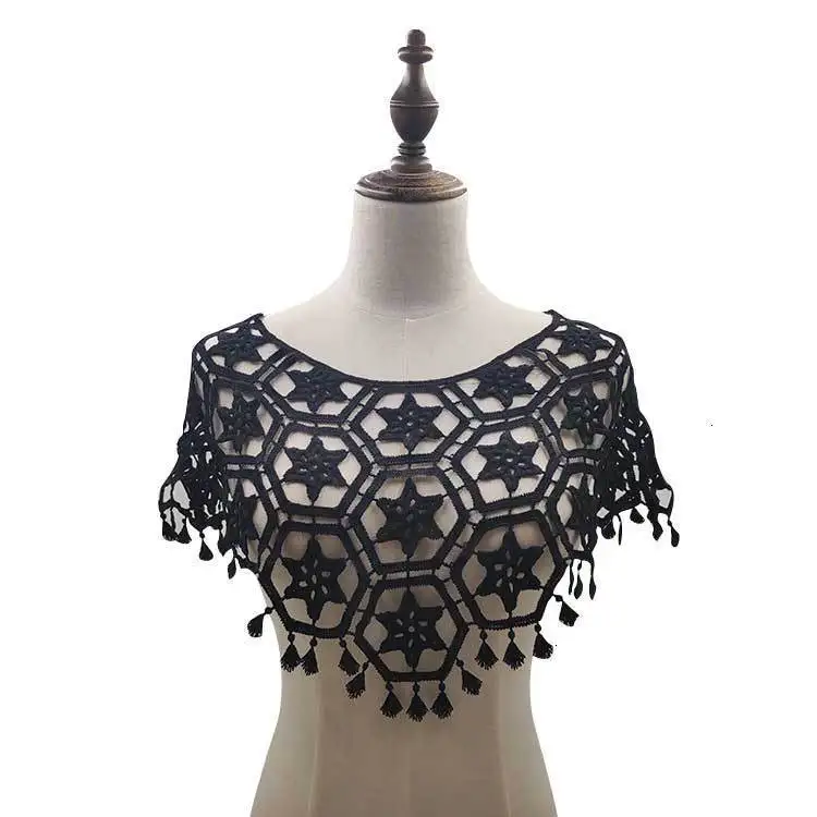 Beautiful Cotton Tassel Embroidered Lace Shawl Sew Applique Patch Collar Neckline Trim Trimmings Clothing DIY Sewing Accessory - Цвет: black