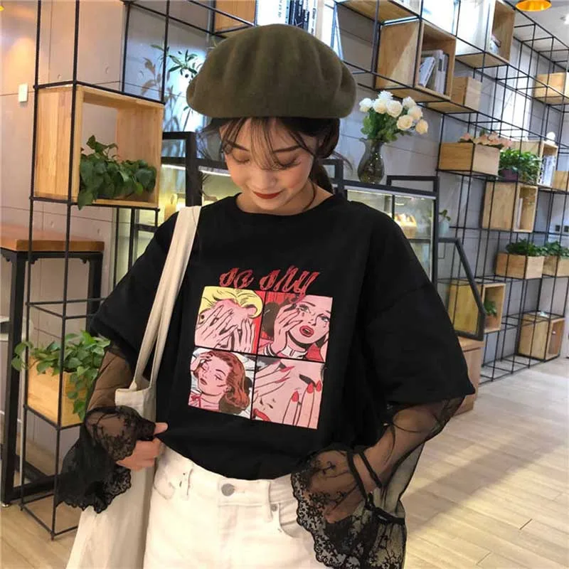 NiceMixKorea стильная футболка в стиле Харадзюку женская футболка с мультяшным принтом кружевная прошитая футболка с длинным рукавом свободная футболка
