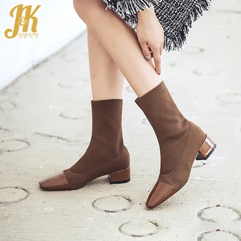 

JK Square Toe Thick Heel High Shoes Solid Simple Women Short Boots Fashion Casual Female Sock Boots New Non Slip Lady Bootie