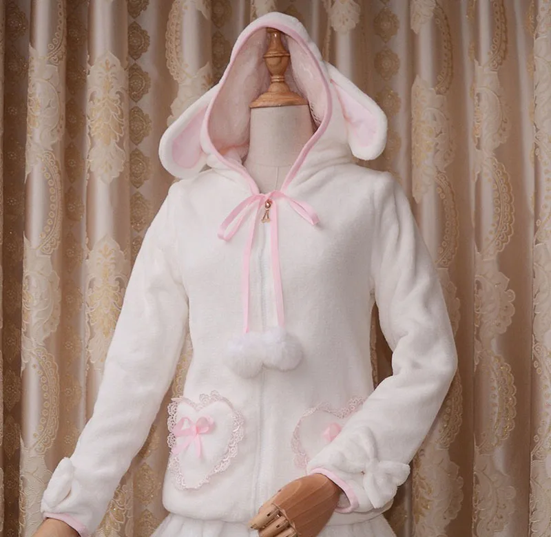 Pink Coat Пальто-свитер с капюшоном в стиле Лолиты милая куртка Kawali зимняя теплая милая плюшевая флисовая юбка-худи с заячьими ушками для девочек, костюмы - Цвет: Pink Coat