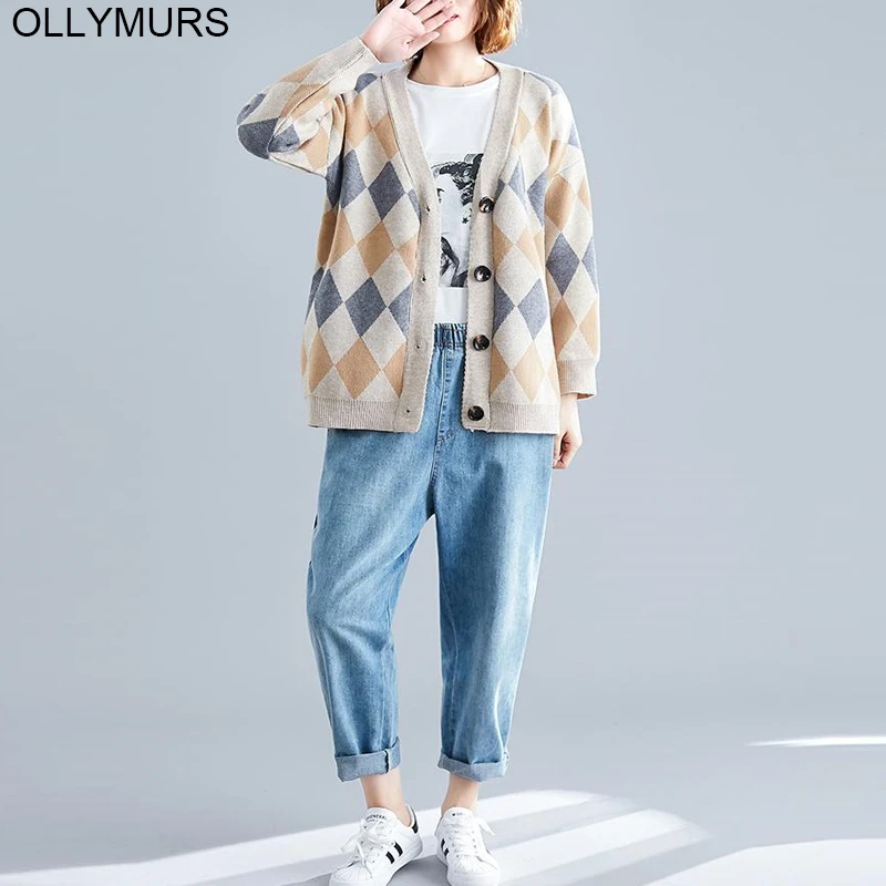 

2019 Autumn Winter Tricot Sweter Cashmere Sweaters Cardigans Feminino Plus Size Plaid Womens Knitted Cardigan Sweater Mujer