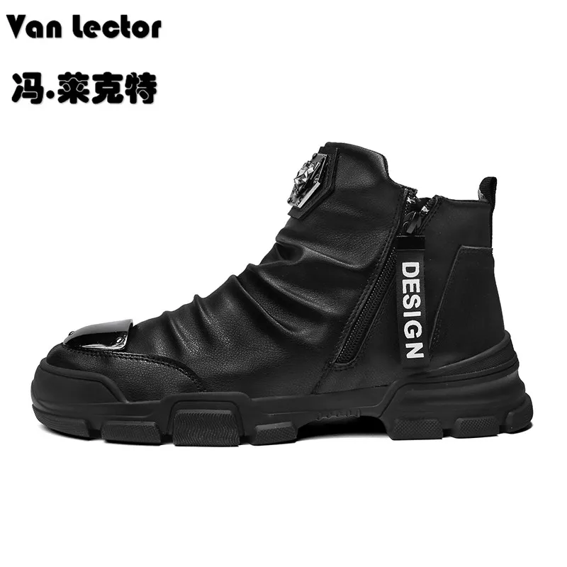 Autumn Men Shoes Fashion Rivet Leather Casual Sneakers High Top Footwear Thick Bottom Chaussurres Male Side Zipper Sneaker |