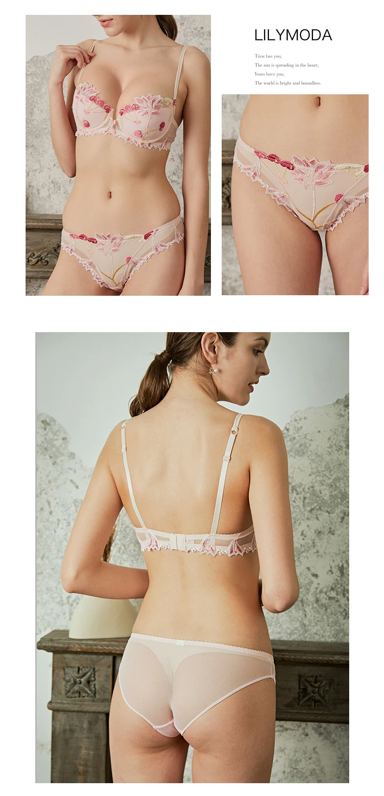 LILYMODA женский сексуальный мягкий тонкий хлопковый бюстгальтер, наборы бюстгальтеров с цветочной кружевной вышивкой на косточках, розовое нижнее белье, новое поступление