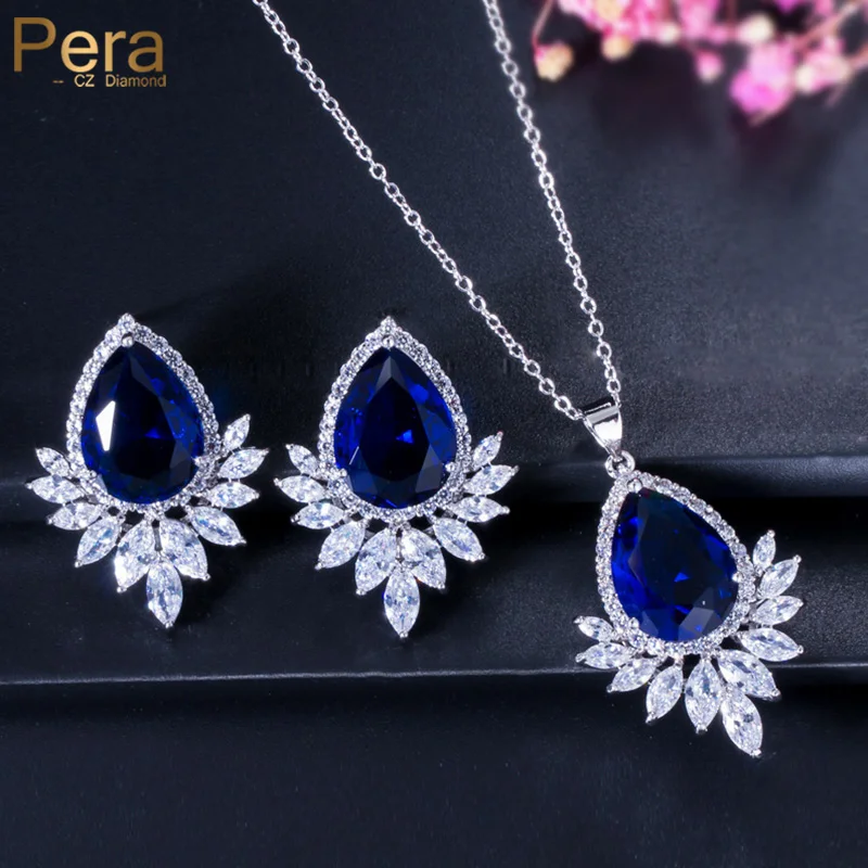 Pera Trendy Women Royal Blue Cubic Zircon White Cz Ciondola Grande Goccia D'Acqua Collana E Orecchini Set Di Gioielli Per Regalo Di Compleanno J206
