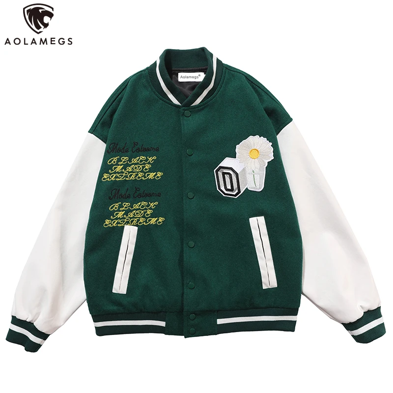 

Aolamegs Cartoon House Flowers Letter Embroidery Harajuku Baseball Jacket Men Coats High Street Bomber Jackets 3 color Optional