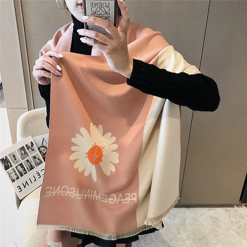

Luxury Women Winter Cashmere Scarves Female Shawl Wrap Sweet Daisy Pattern Double-Sided Thickened Fashion Warm Design Scarf
