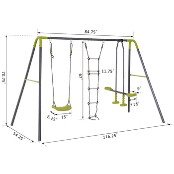 3 in 1 Kids Swing Set Double Face to Face Swing Chair Glider Set Climbing Ladder A-Frame Heavy Duty Metal for Outdoor Playground 2