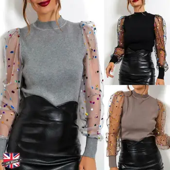 

Women Polka Dot Spring Top Knitted Turtleneck Sweater Woman Winter Jumpers Puff Sleeve Knitwear Mesh Transparent Pullover Autumn