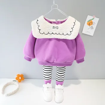 

Winter Warm Baby Girls Thick Fleece Lapel Collar Hoodies Outerwear + Striped Legging Pants Children Kids 2Pcs Suit Clothing Sets