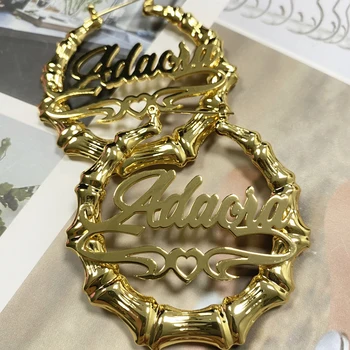

AurolaCo Custom Bamboo Hoop Earrings Personalize Name Earrings Bamboo Style Heart Shape Sexy Women Jewelry Fashion Charming Gift