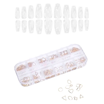 

1 box 3D Nail Art Decals for Nails Golden Geometric Patterns 02 & 500Pcs Acrylic False Nail Tips, 10 Sizes-Transparent