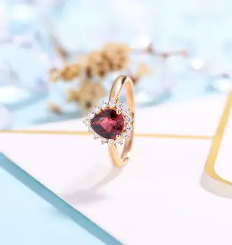 

Solid 14K 585 Rose Gold Pear Cut Garnet Moissanite Halo Engagement Ring for Women Cocktail Jewelry