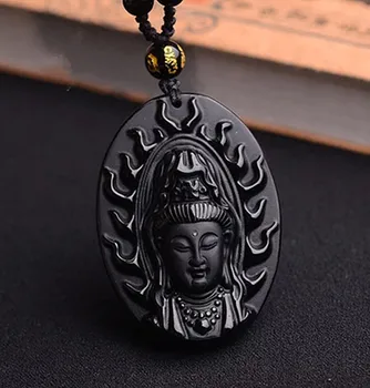 

Collar con colgante de Guanyin Natural obsidiana Avalokiteshvara Cabeza de Buda natal para ayudar a transportar al patrón d