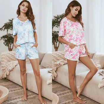

European and American Women's Printed Leisure Tops Two-Piece Tie-Dye Pajamas Short-Sleeved Shorts