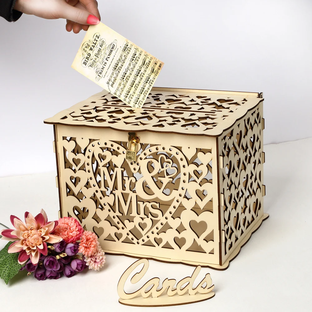 

DIY Wedding Gift Card Box with Lock Rustic Wooden Money Box with Lock Gift Box Card Holder for Wedding Anniversary Party