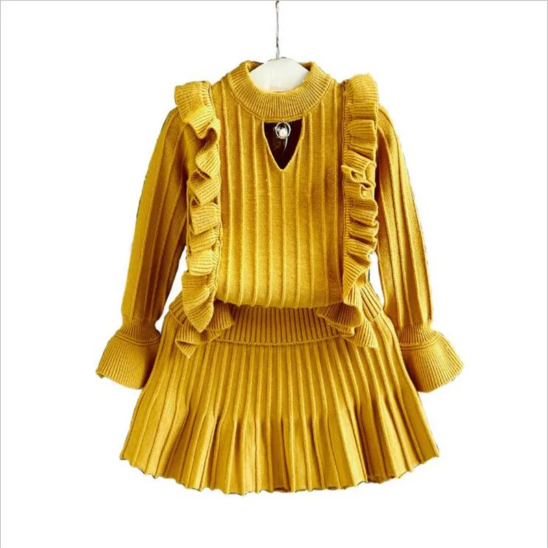 

2019 Children Autumn Winter Girls Clothing Sets Ruffle Flare Long Sleeve Sweater+ Skirt 2PCS Kids Clothes Suit 2-5T