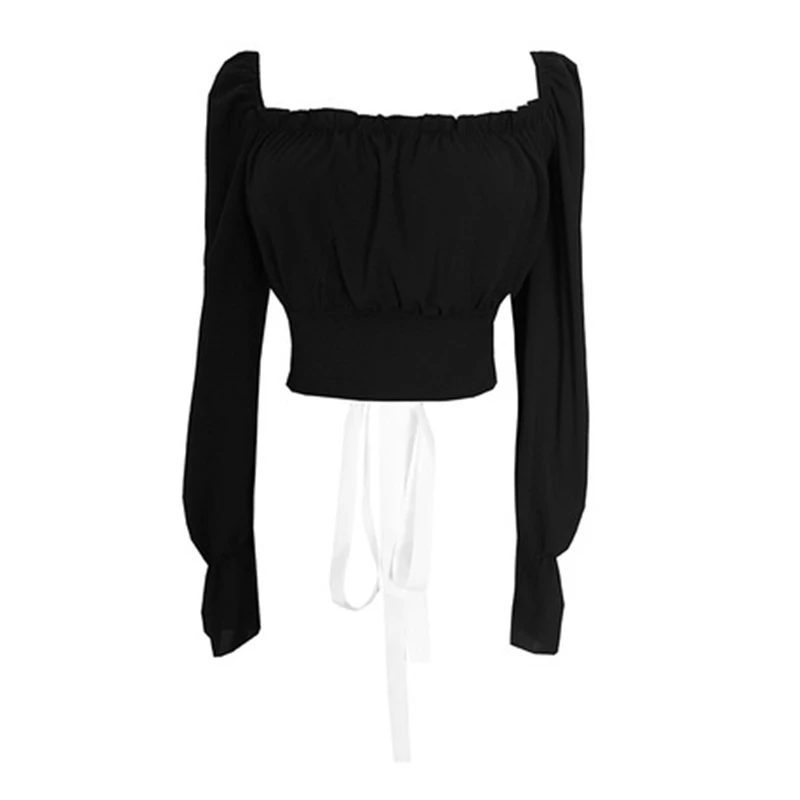 

2020 Autumn Black Cross Bandage Crop Top T Shirts Women Butterfly Sleeve Square Collar Ladies T Shirt Korean Clothes