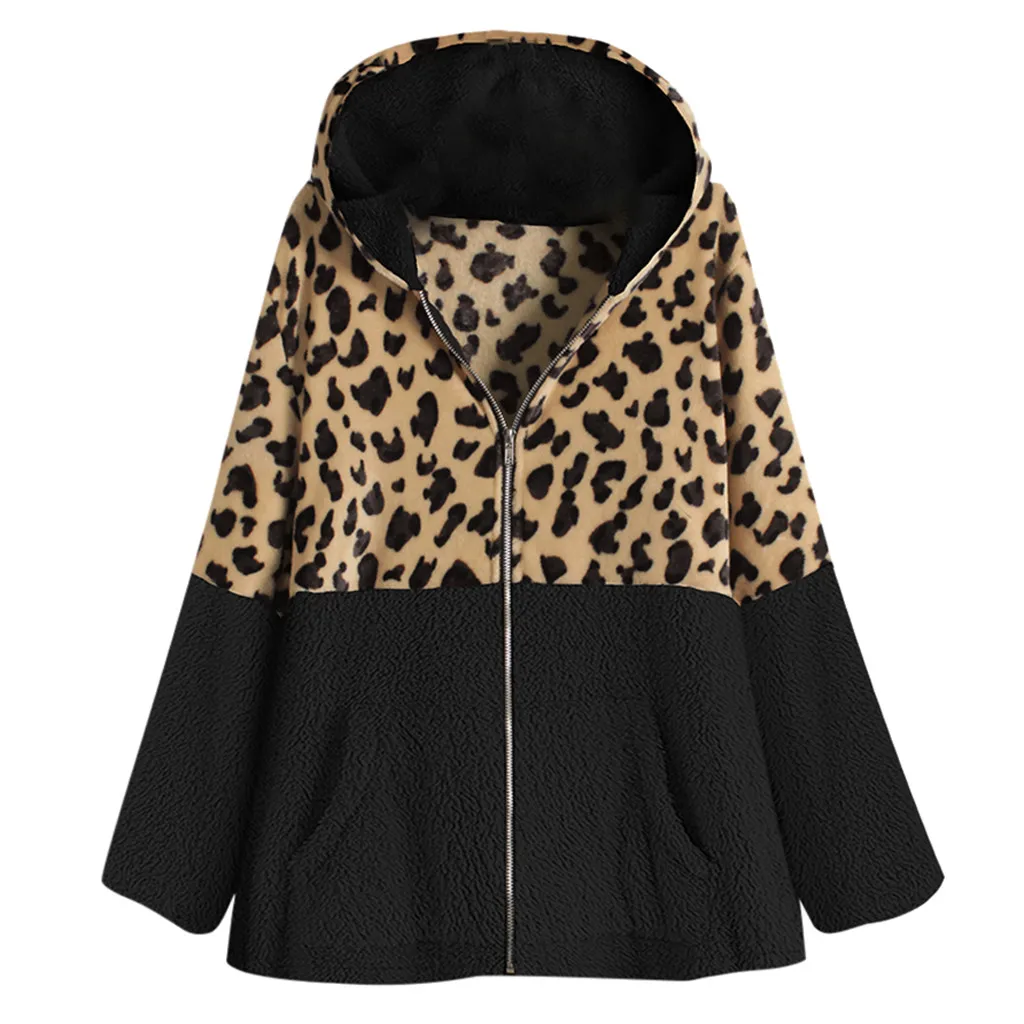 Female Jacket Plush Coat Women's Windbreaker Winter Warm Outwear Leopard Print Hooded Pockets Vintage Oversize Coats Plus Size