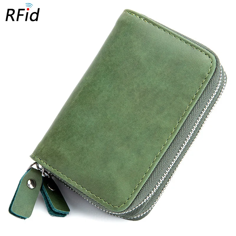 

New Double Zipper RFID Blocking Card Holder Vintage Genuine Leather Key Wallets with 12 Cards Slot Multifunction Coin Purse