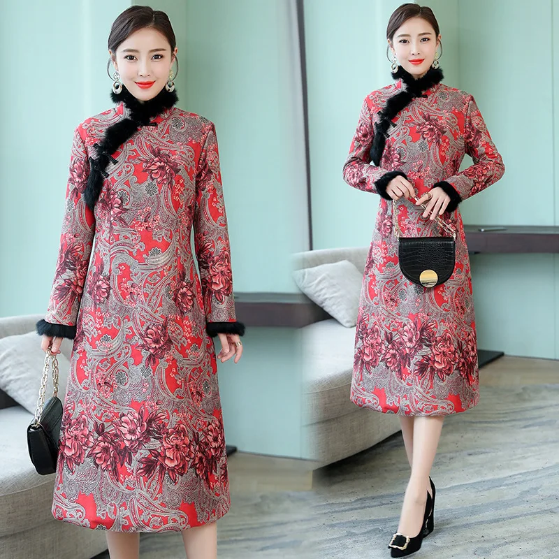 

Suede Improved Cheongsam Women's 2018 Winter New Style Warm Quilted Long Fur Collar Retro National Wind Dress