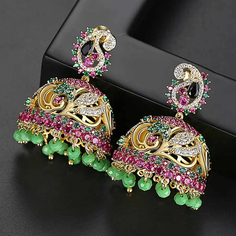 Модная индийская Jhumka AAA Cunbic Циркон маленькие колокольчики висячие серьги Этническая Цыганская бусина Jhumki женские свадебные украшения для вечеринки