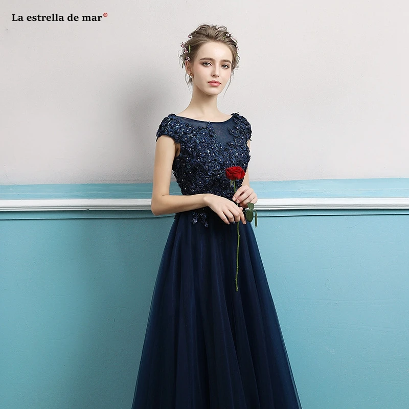 Vestido de madrinha azul Черпак шеи 3D цветок кружева кепки рукав трапециевидной формы темно синие платья подружки невесты длинное свадебное платье для гостей