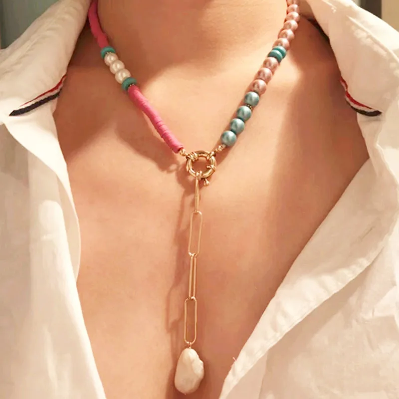 

Natural Baroque Pearl Pendant Necklace Rose Red Soft Pottery with Pink Pearl Item Boho Fashion Women Necklace 2019 New Stainless