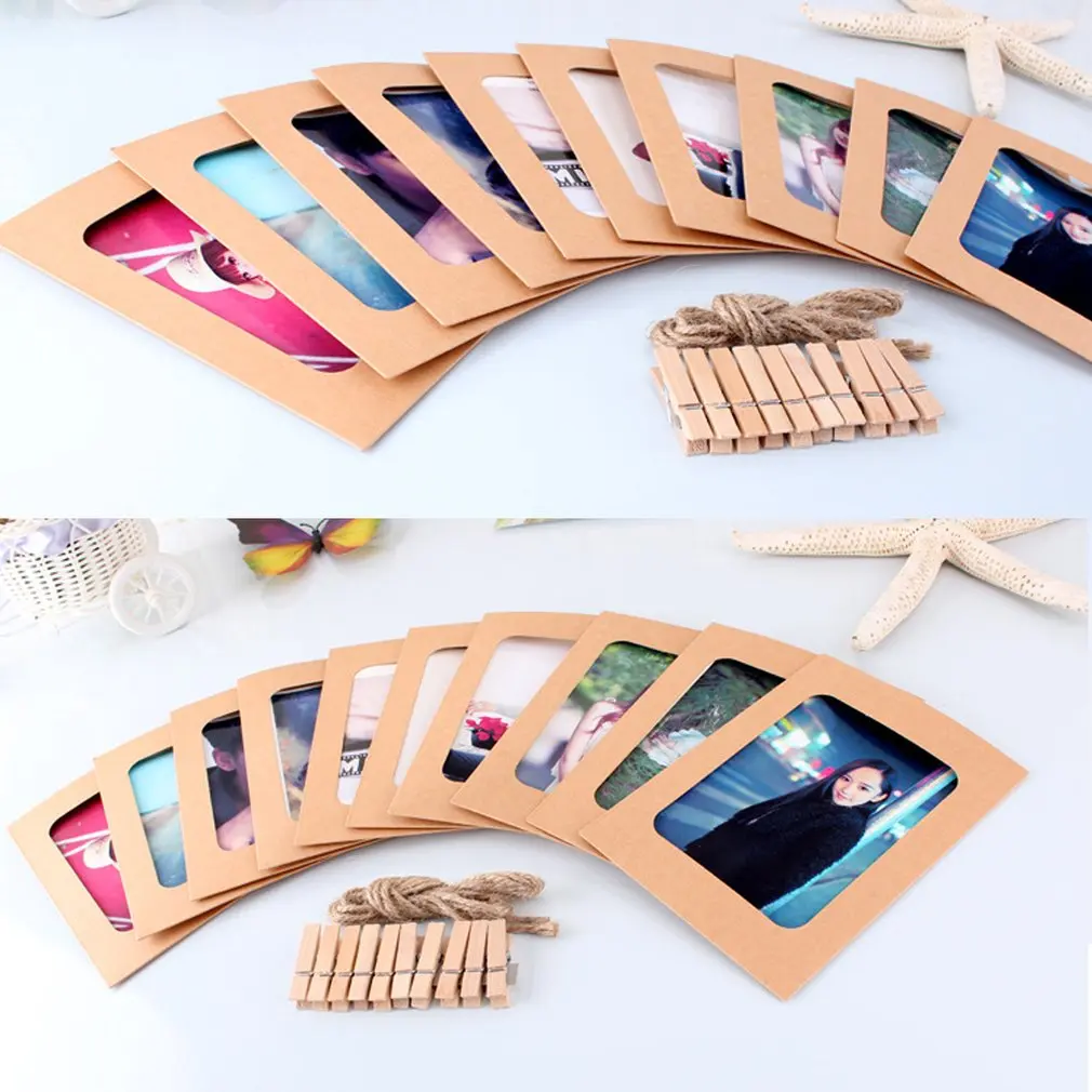 Vintage 10pcs/set 3/6 Inch Lovely Kraft Paper Photo Frame DIY Wall Picture Hanging Hemp Rope Clip Set Home Decoration