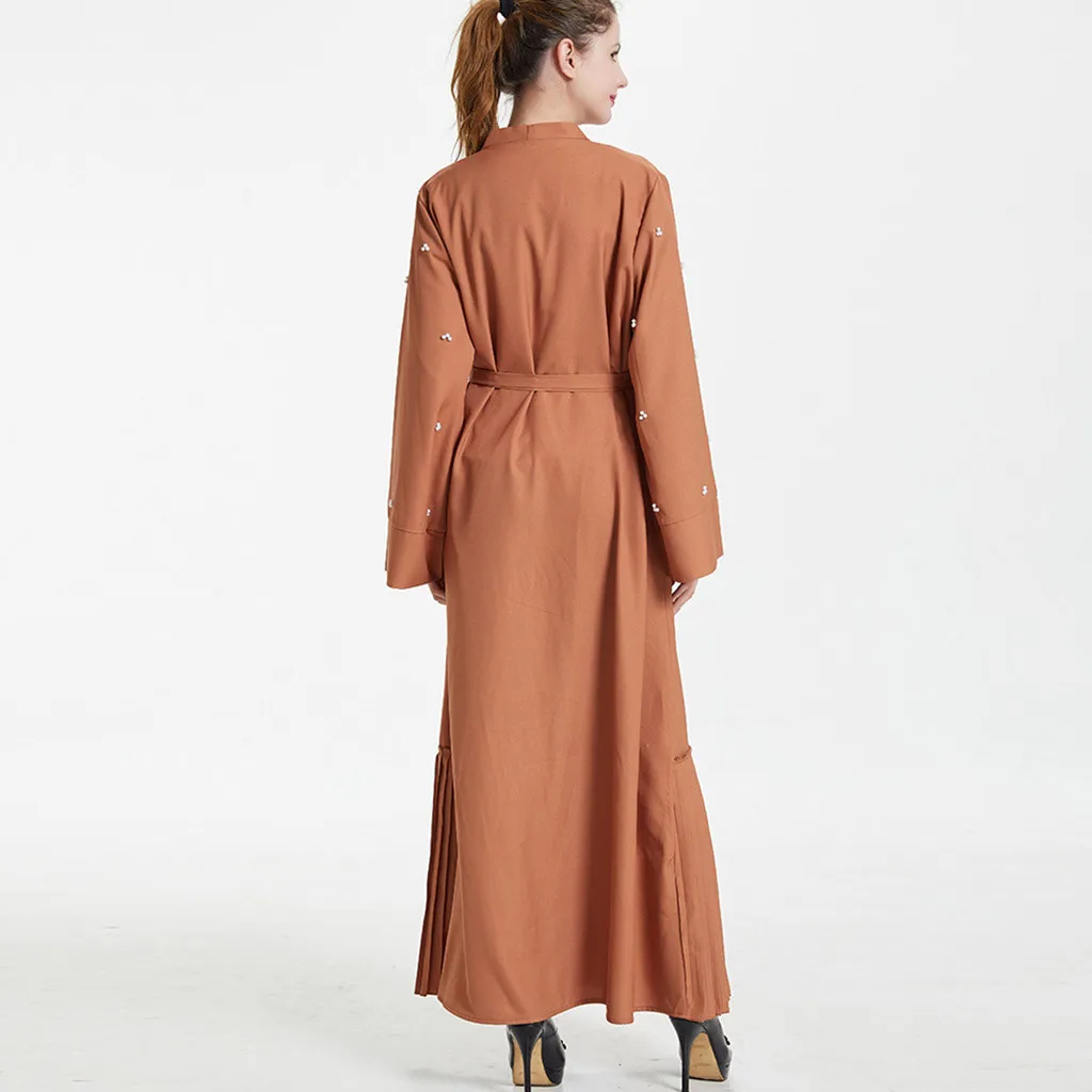 Дубай женское жемчужное открытое кафтан мусульманское Длинное Макси платье арабский абайя кимоно кардиган