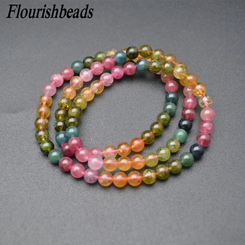 

High Quality Smooth Multi Rows Colorful Tourmaline Luxury Gemstone Round Beads Elastic Line Bracelets