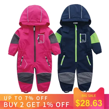 

HONEYKING Children's Softshell Overalls Outdoor Hooded Coveralls Baby Rompers Windproof Waterproof Jumpsuit Kids Warm Jumpsuit