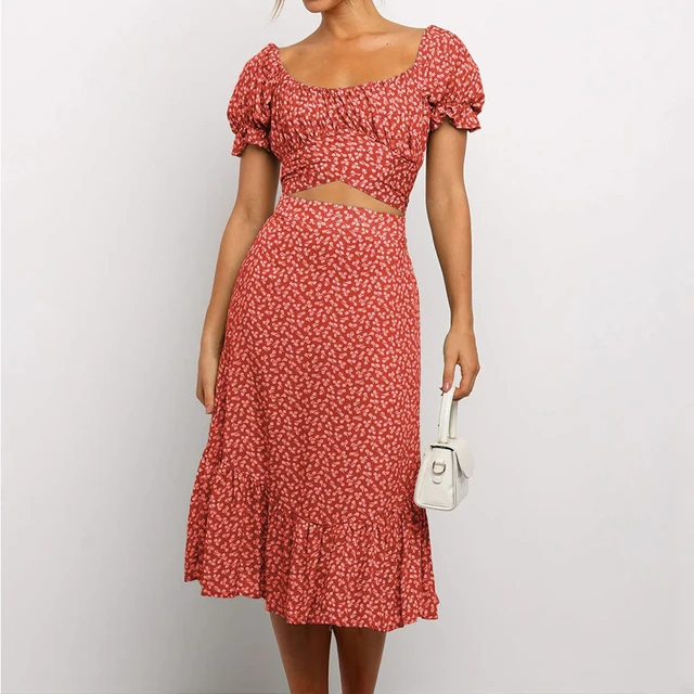 Vestidos Vintage Ruffles Print Puff Sleeve summer 2020 Beach sweet dresses Casual Square collar floral maxi long dress two piece 6
