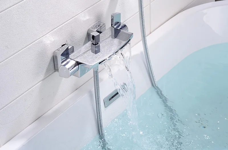 Медная труба для ванной кран настенный водопад смесительный клапан хромированный для ванной сбоку водопад душ холодная и горячая ванна кран