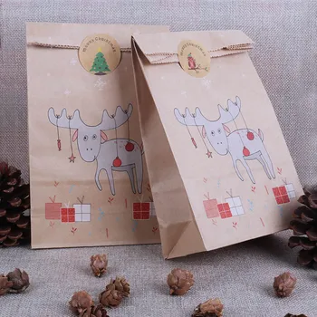 

12pcs Christmas Kraft Paper Bag Xmas Stickers Set Fox Moose Gift Paper Bag Stickers Xmas Candy Food Cookies Packing Paper Bags