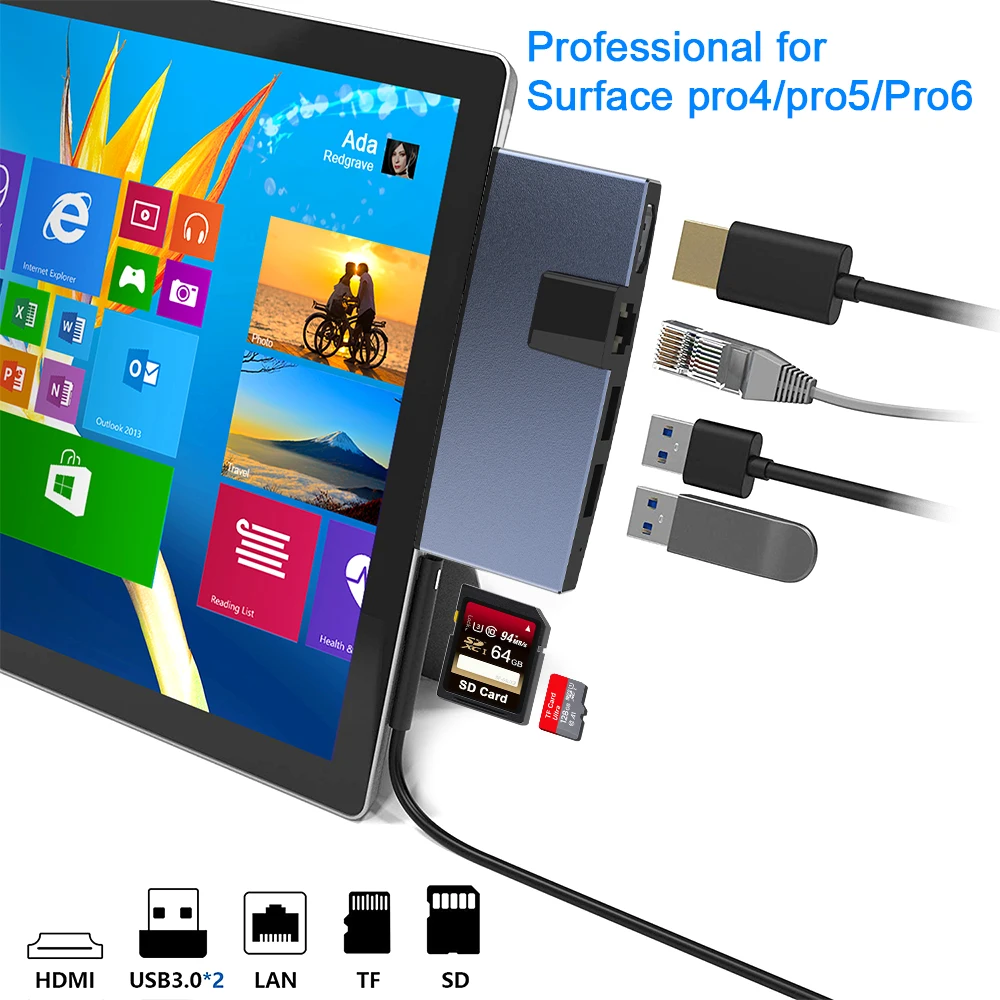 USB 3 0 мультиконцентратор 4K HDMI 1000 Мб Ethernet адаптер SD / TF micro кардридер для Microsoft Surface Pro