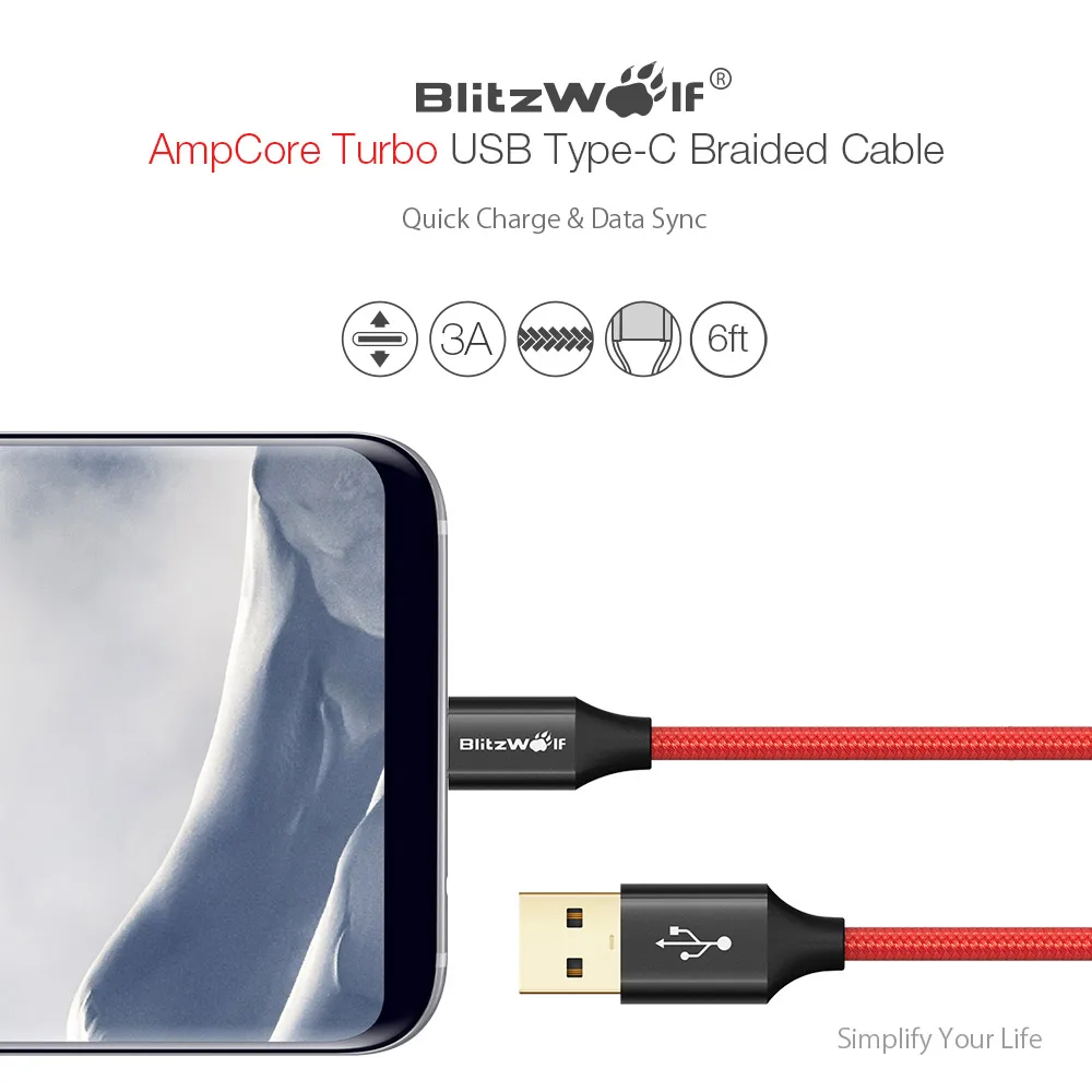 BlitzWolf usb type C type-C кабель для передачи данных 1,8 м/6 футов небьющиеся кабели для зарядного устройства usb для смартфонов samsung/huawei/Xiaomi