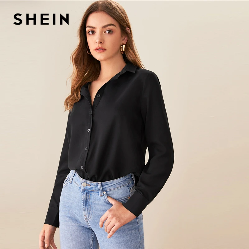 SHEIN черная однотонная Повседневная Блузка с отложным воротником, рубашка, женские топы, Осенние Асимметричные женские блузки с длинным рукавом