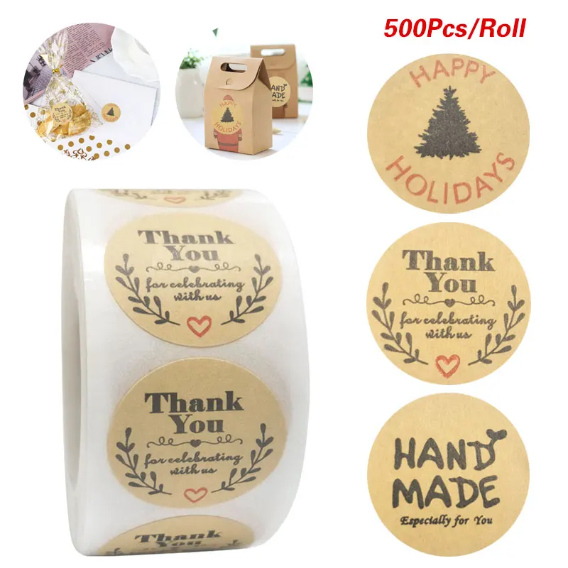 500 этикеток в рулоне круглый натуральный крафт-бумаги Наклейка спасибо