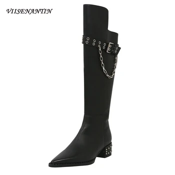 

Metal Chain Decoration Boots Retro Style Pointed Belt Buckle Autumn Winter Knight Boots Rivets Thick Heel Knee High Women Boots
