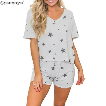 

Women Short Sleeve Two Piece Sets Summer V-Neck Star Print Loose Sleepwear Girl Mujer Leisure Nightgown Women Pajamas Sets