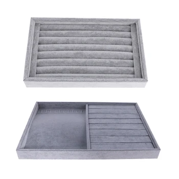 

2 Pieces Grey Velvet Retail Jewelry Necklace Ring Display Organizer Tray Holder Case