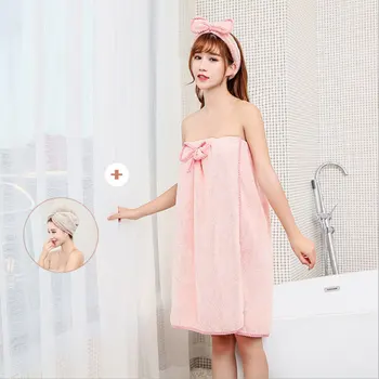 

Microfiber Bathroom Absorbent Quick-drying Bath Towel With Hair Dry Cap Women Girls Beach Bathrobe Towels