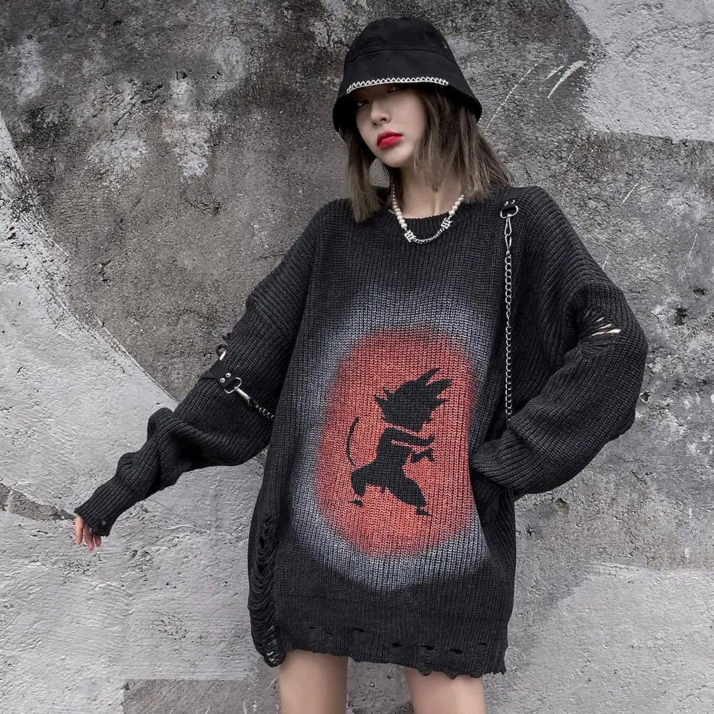 

Cartoon Nice Fashion Gothic Long Sleeve Top Streetwear Black Oversized Women Winter Clothes Punk Goth Plus Size Woman Sweaters
