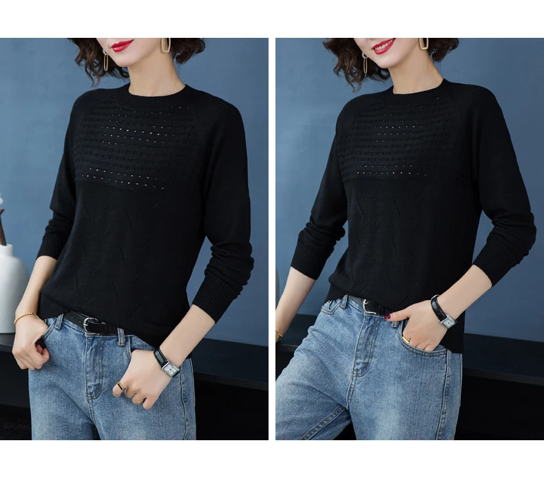 XJXKS Sueters De Mujer Moda элегантный шерстяной пуловер женский полый сплошной цвет длинный рукав женский вязаный свитер